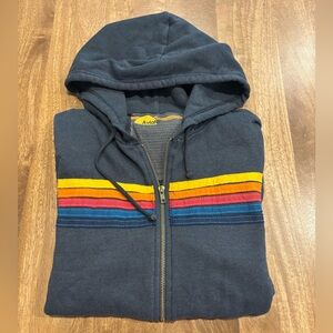 Aviator Nation Navy Hoodie with Yellow, Orange, Red & Blue Stripes